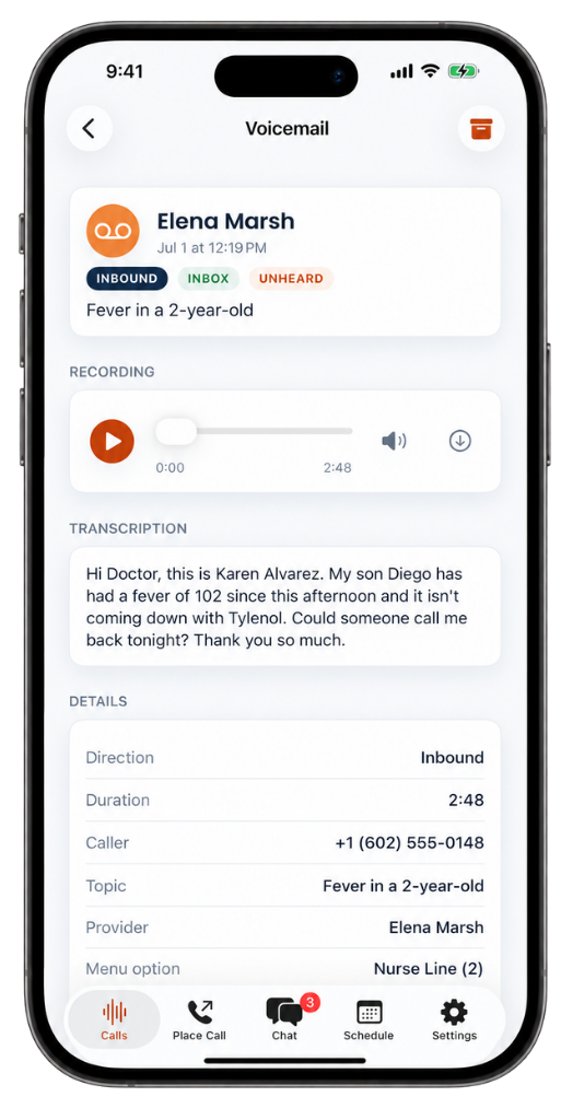 On Call Central app: transcribed patient voicemail