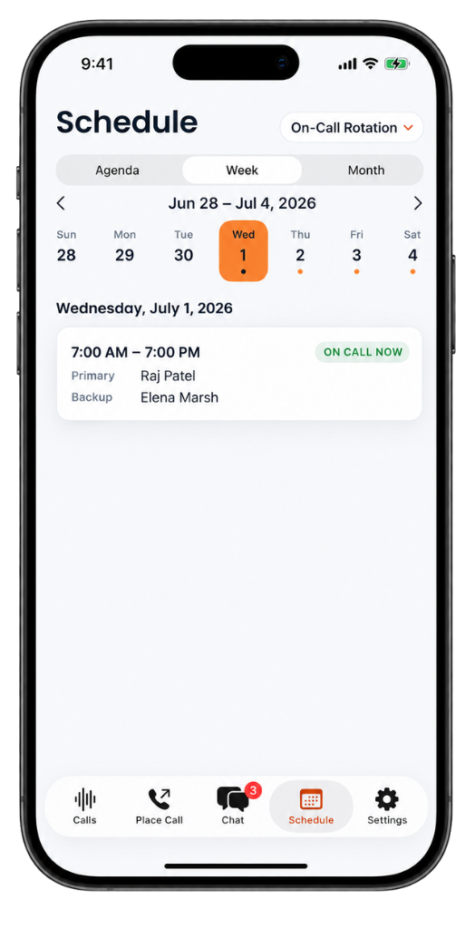 On Call Central app: weekly on-call schedule